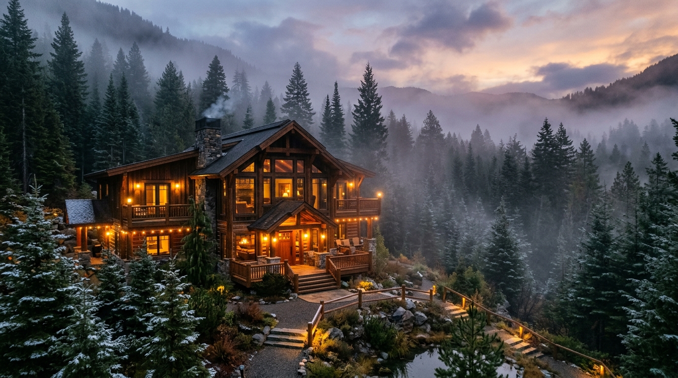 Cozy wooden Shanu Welcomes Lodge glowing under twilight pine forest