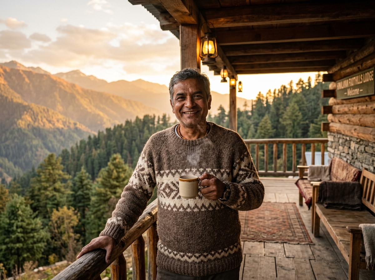 Shanu, founder and host of Shanu Welcomes Lodge, enjoying tea on the wooden porch
